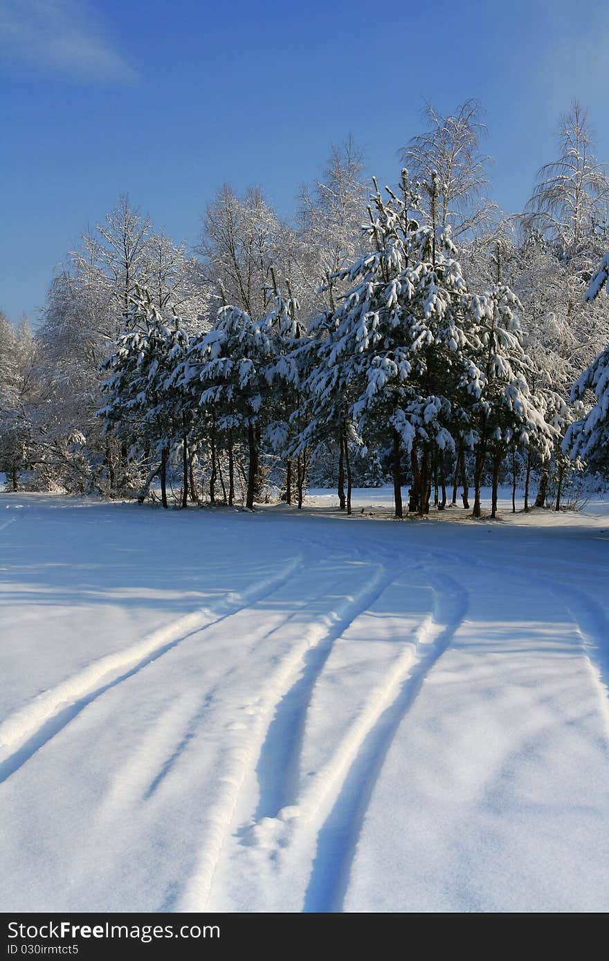 Snow-covered road in the village