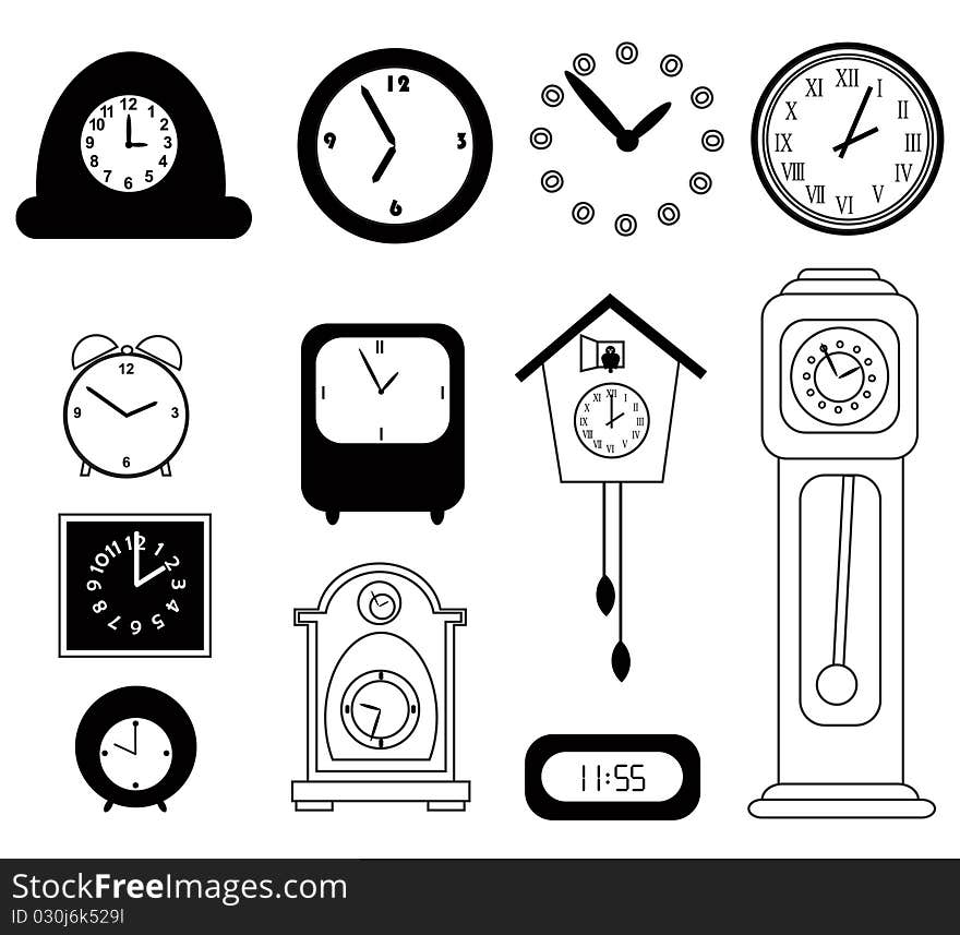 Set of black and white clocks. Set of black and white clocks