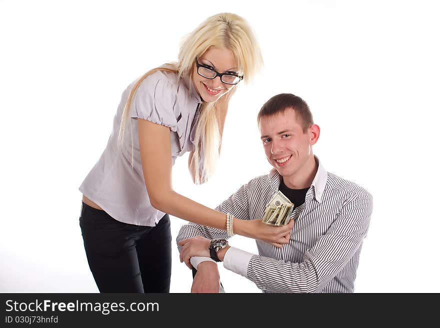 Businesswoman with money and man