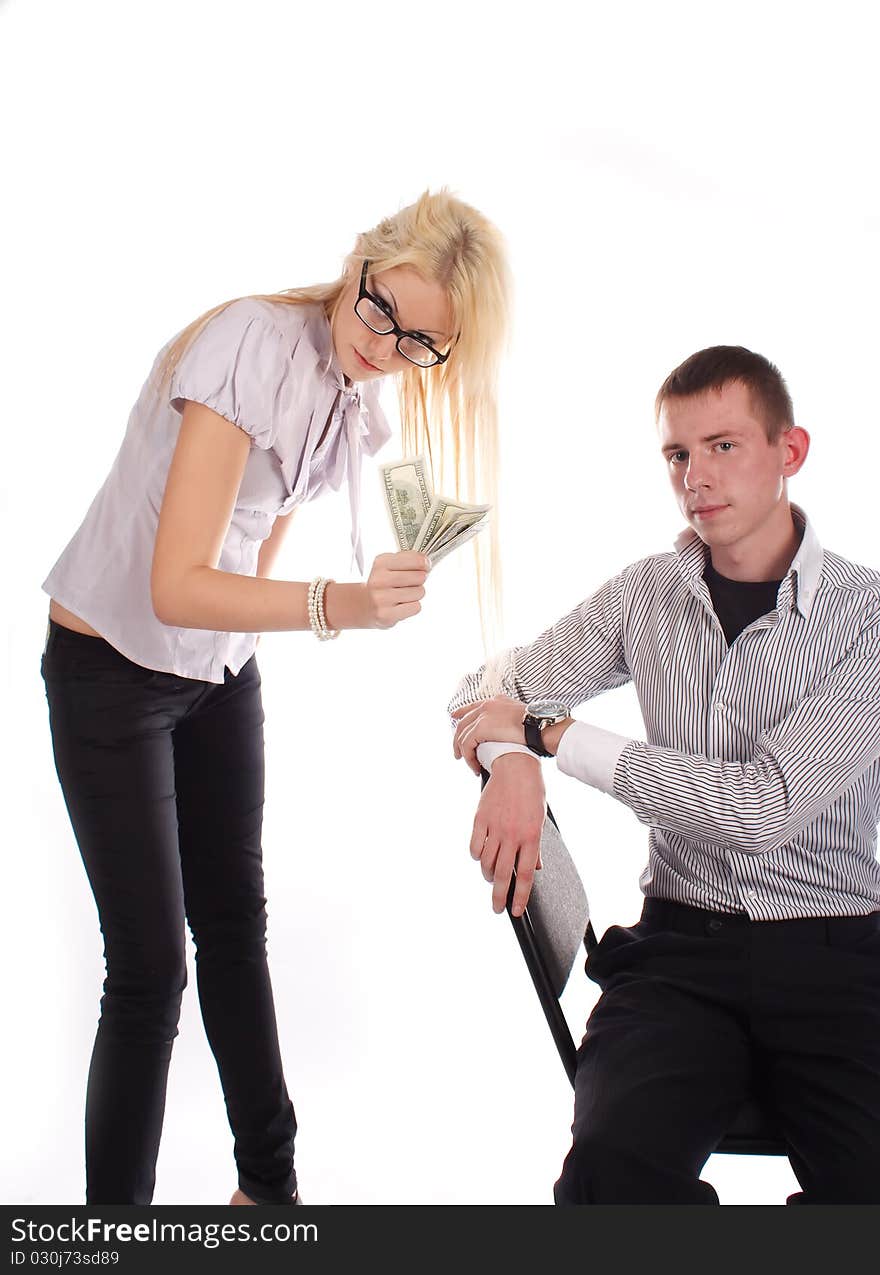 Businesswoman with money and the man on white background. Businesswoman with money and the man on white background.