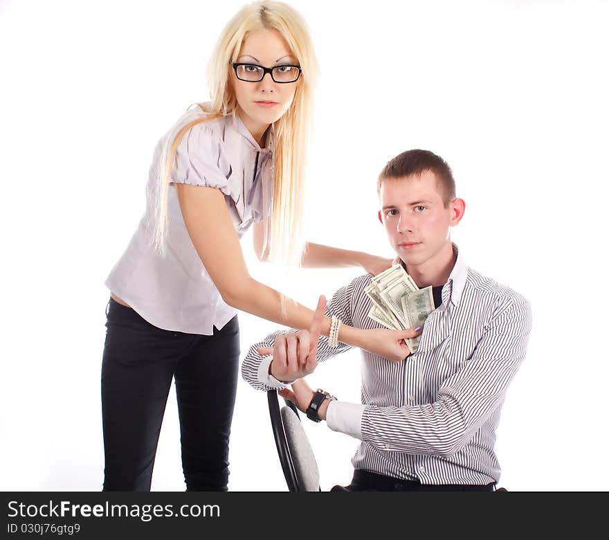 Businesswoman with money and the man on white background. Businesswoman with money and the man on white background.