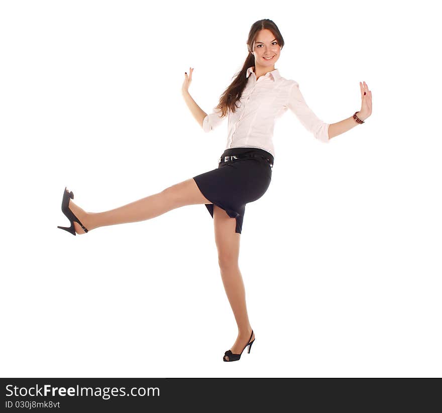 Attractive businesswoman smiles on the white background.