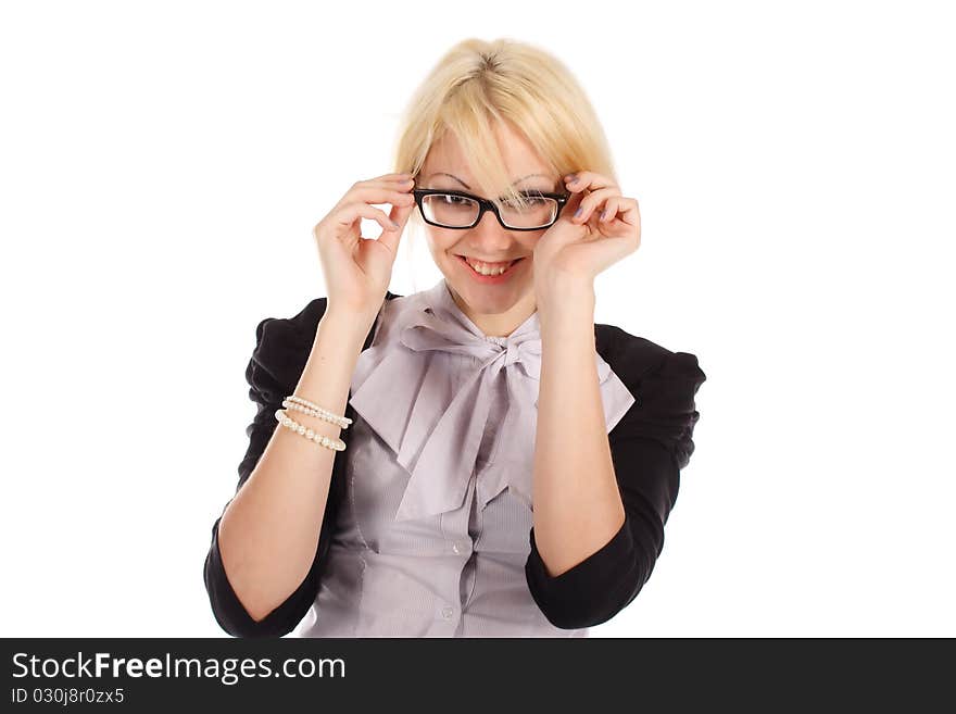 The beautiful russian woman in the glasses on the white background. The beautiful russian woman in the glasses on the white background.