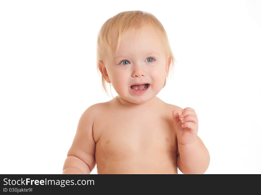 Portrait of screaming young sitting baby holding hand near chest. Portrait of screaming young sitting baby holding hand near chest