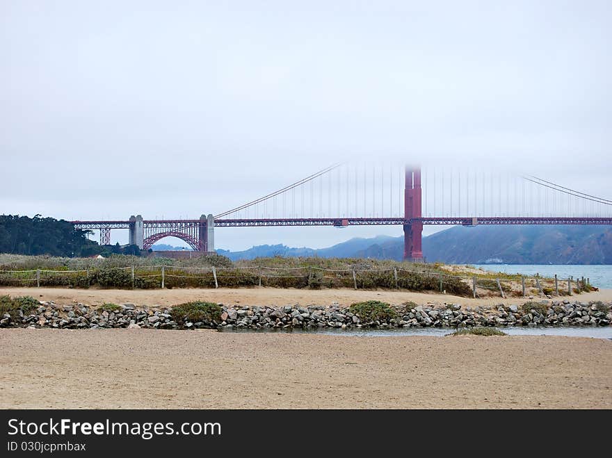 Golden Gate and sea in a foggy day. Golden Gate and sea in a foggy day