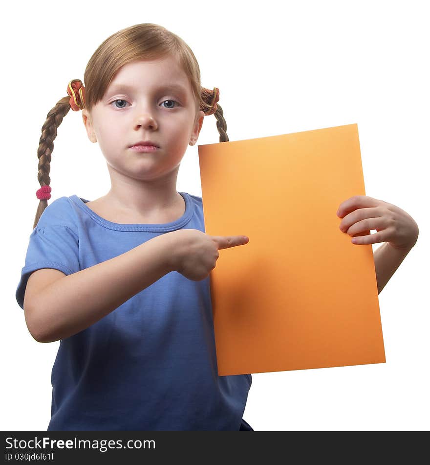 Little funny girl with orange sheet of paper in the hands isolated over white background. Little funny girl with orange sheet of paper in the hands isolated over white background