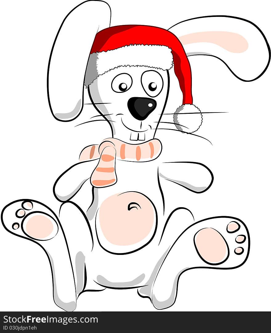 White santa rabbit with red hat and striped scarf