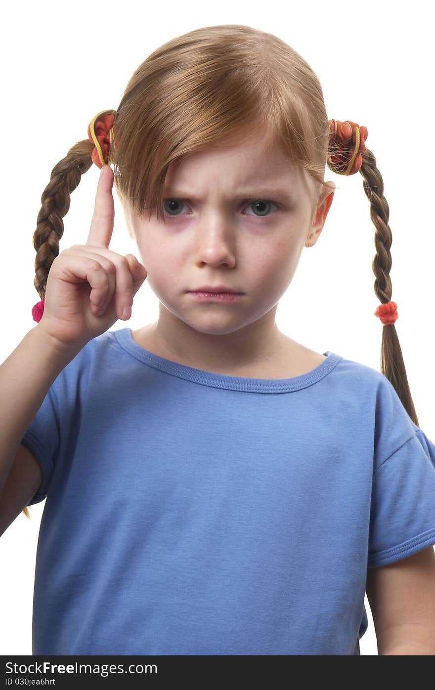 Little girl gesturing attention sign solated over white background (big thumb up). Little girl gesturing attention sign solated over white background (big thumb up)