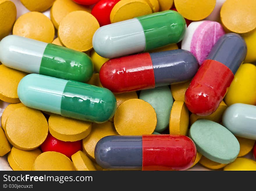 Multi color pills closeup