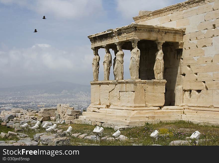 The Porch of Maidens atop Acropolis in Athens, Greece