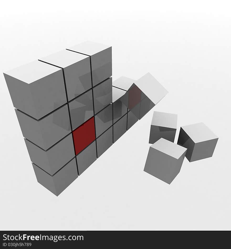 3d pyramid of shiny metal cube in the center of which is a red cube