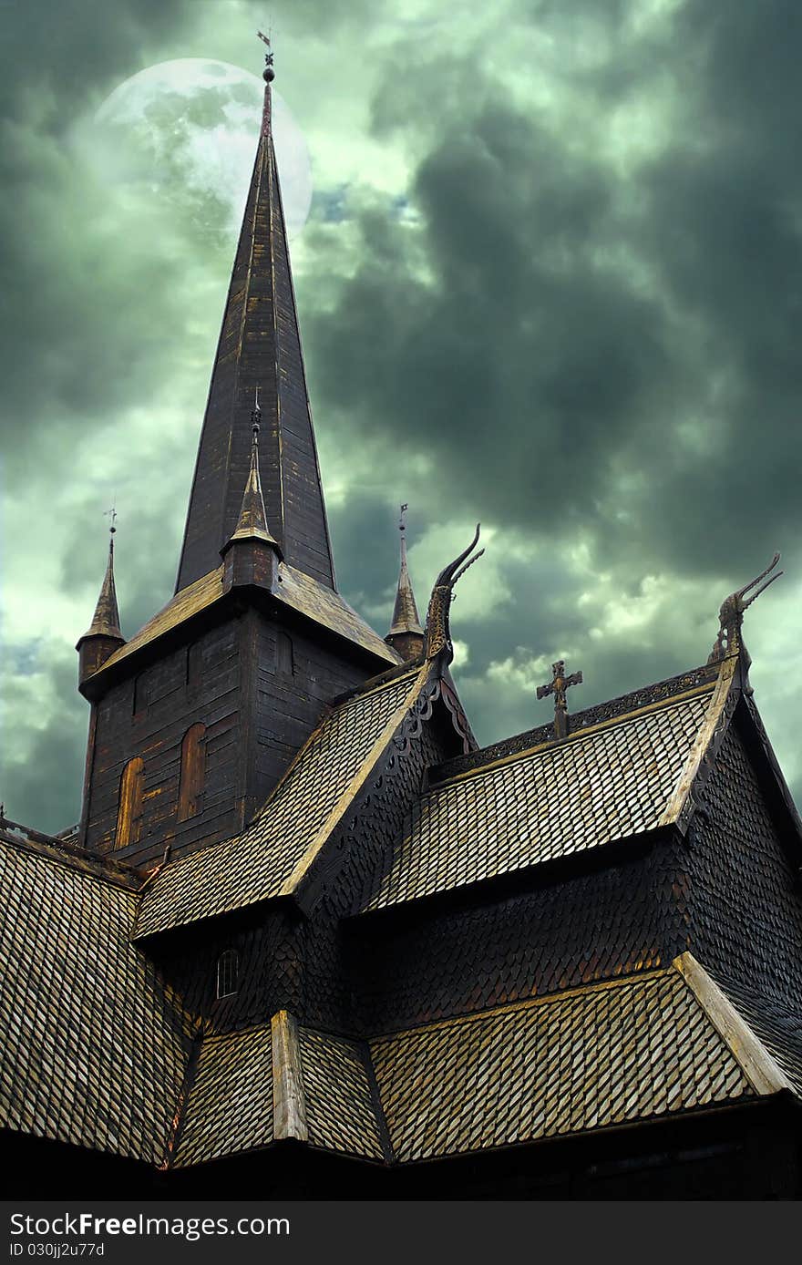 On the photo:Autumn Norway landscape with stavkirke