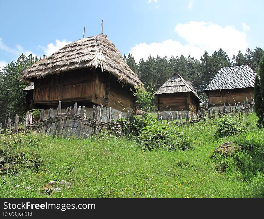 Old village with houses made from wood in Sirogojno, Serbia.