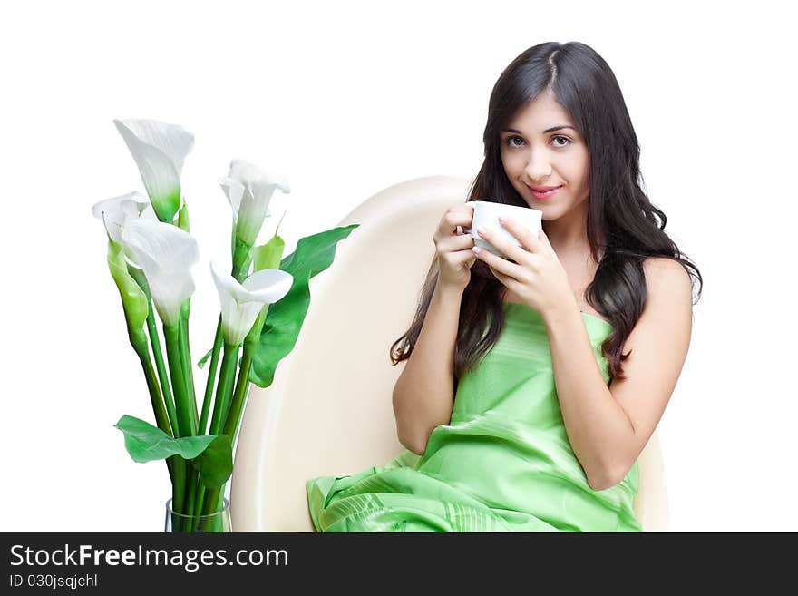 Beautiful woman  in cafe over white background