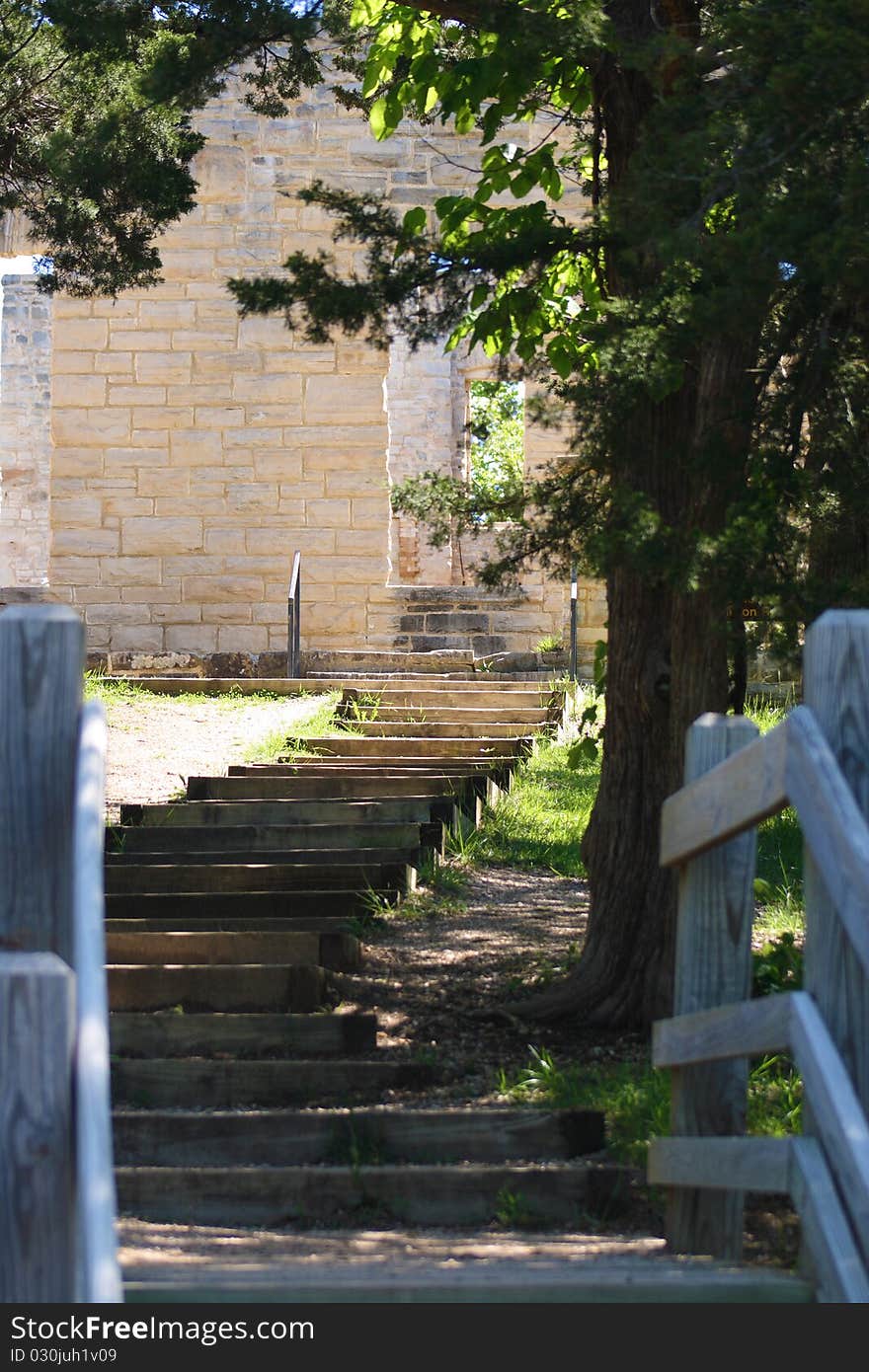 Stairs climbing under the shadows of trees.