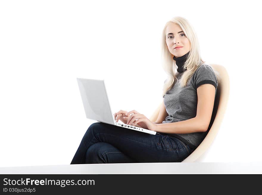 Beautiful woman  with computer over white background. Beautiful woman  with computer over white background