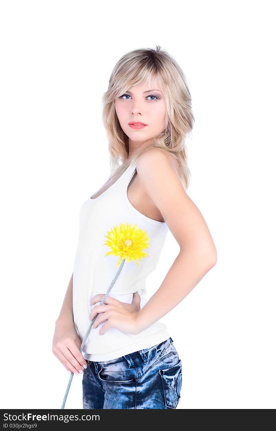 Young girl over white background with flower. Young girl over white background with flower