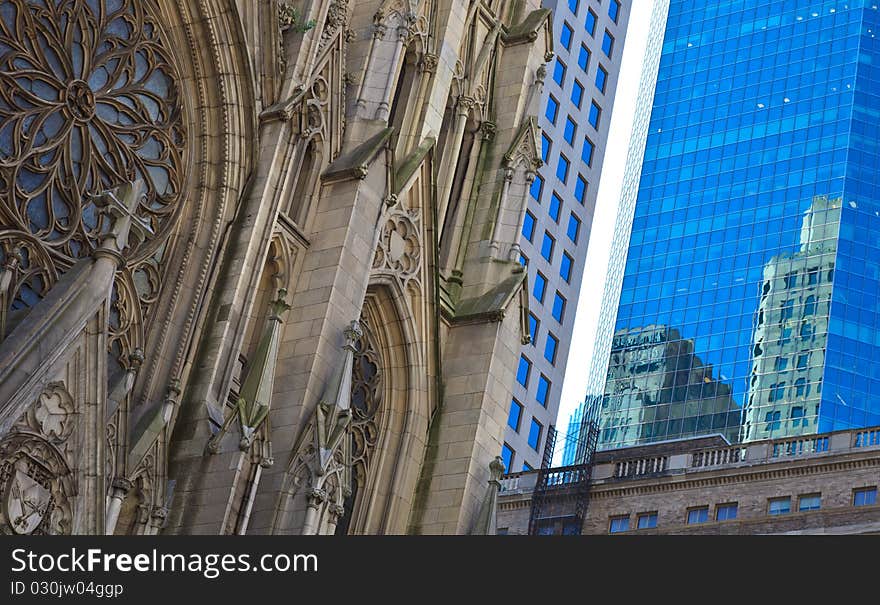 Old Church and Modern Glass Building. Old Church and Modern Glass Building