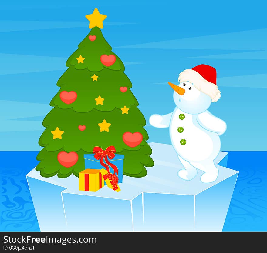 Little Cute Snowman With Fir-tree