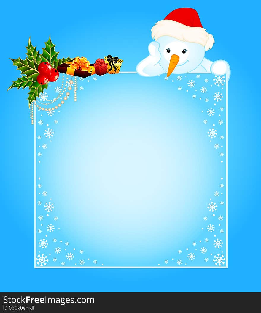 Cartoon little cute snowman with banner