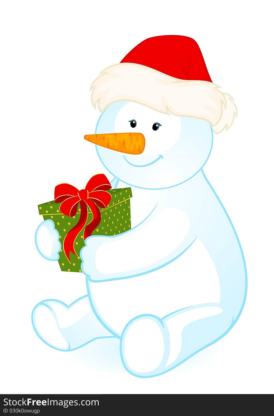 cartoon little cute snowman with gift