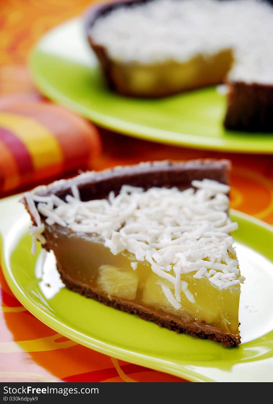 Delicious pie with pinneapple jelly and coconut topping. Delicious pie with pinneapple jelly and coconut topping