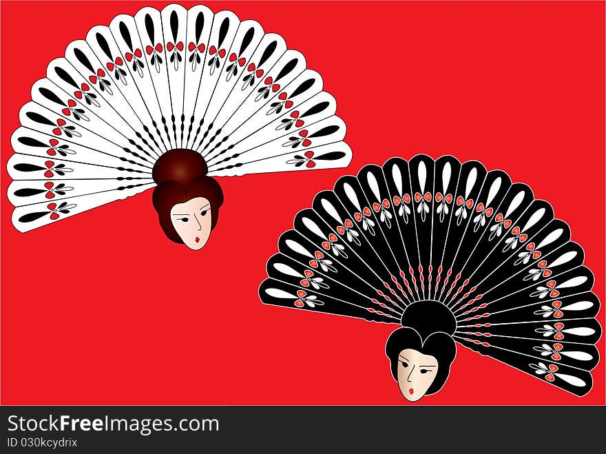 Asian fan, black and white on red background