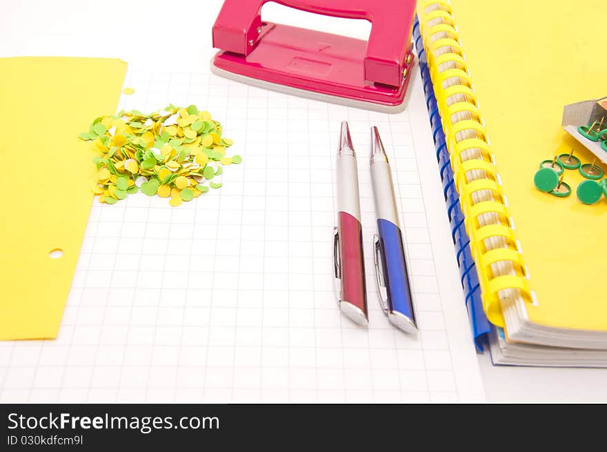 Workplace in an office with different office tools. Workplace in an office with different office tools