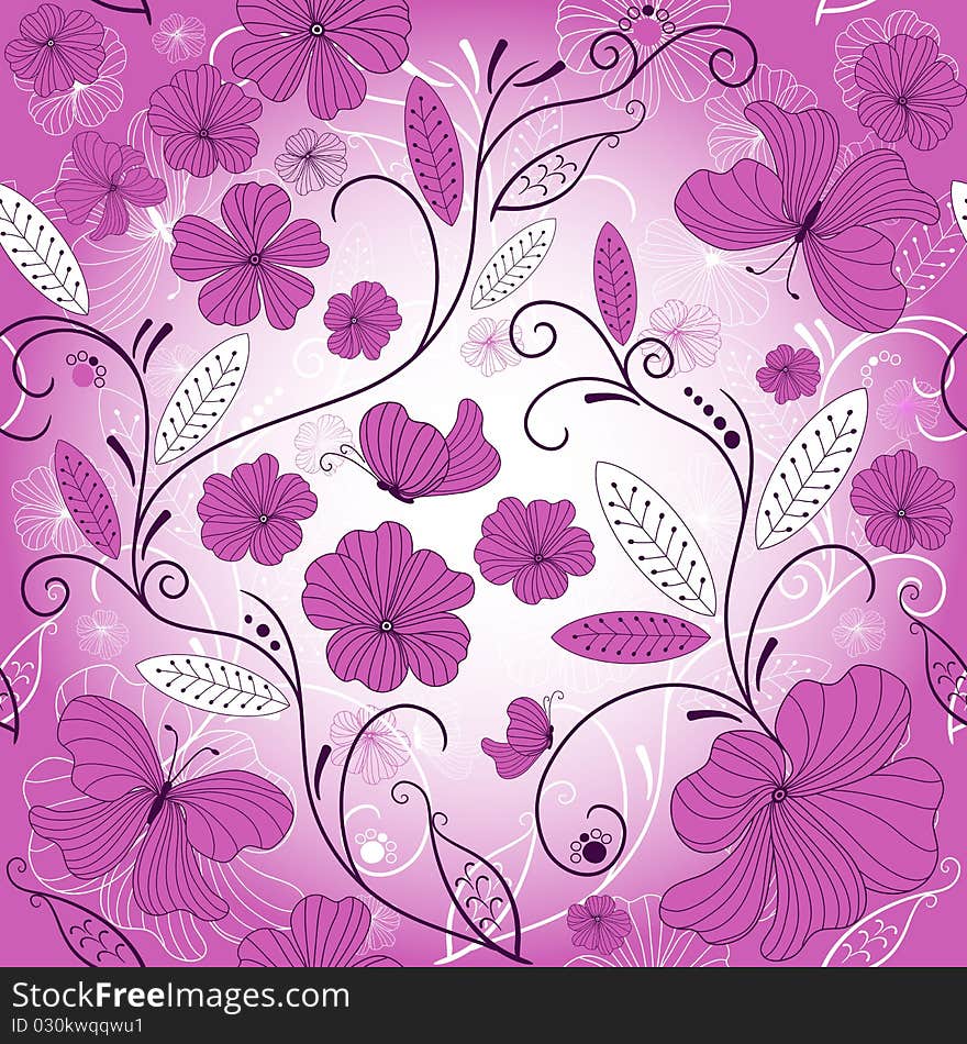 Seamless floral pattern with violet flowers and butterflies