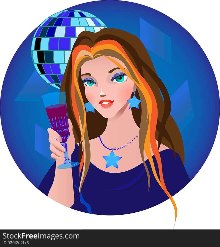 The young beautiful girl in a disco, holds a glass and lovely smiles. Looks directly. Behind a disco sphere and reflections. The colourful illustration in dark blue tones approaches for celebratory design.