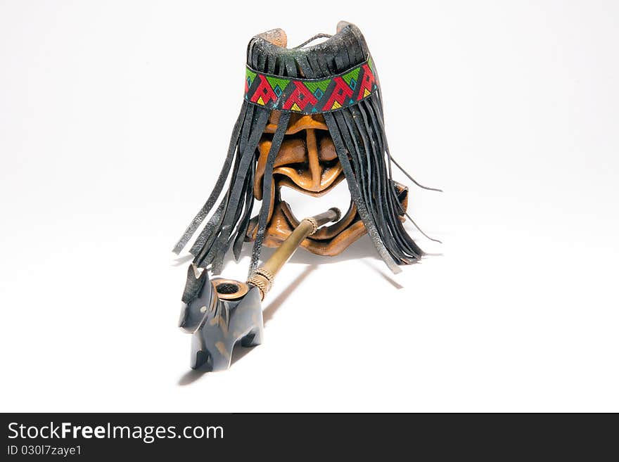 American indian toy mask of  and peace rod. American indian toy mask of  and peace rod