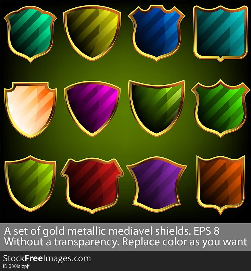 A set of gold metallic mediavel shields. Without a transparency. EPS 8 file included. A set of gold metallic mediavel shields. Without a transparency. EPS 8 file included