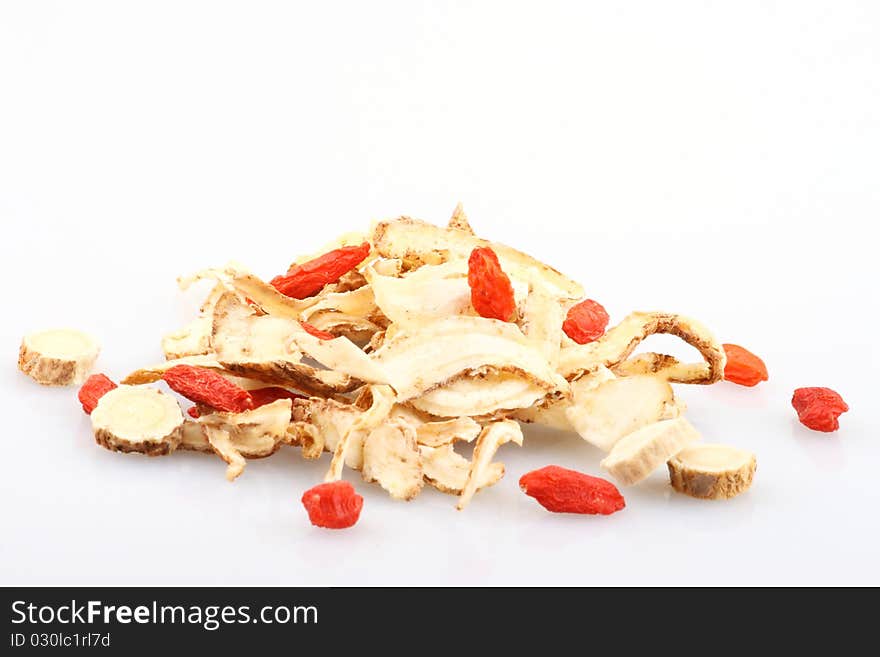 Chinese herbal medicine on white background