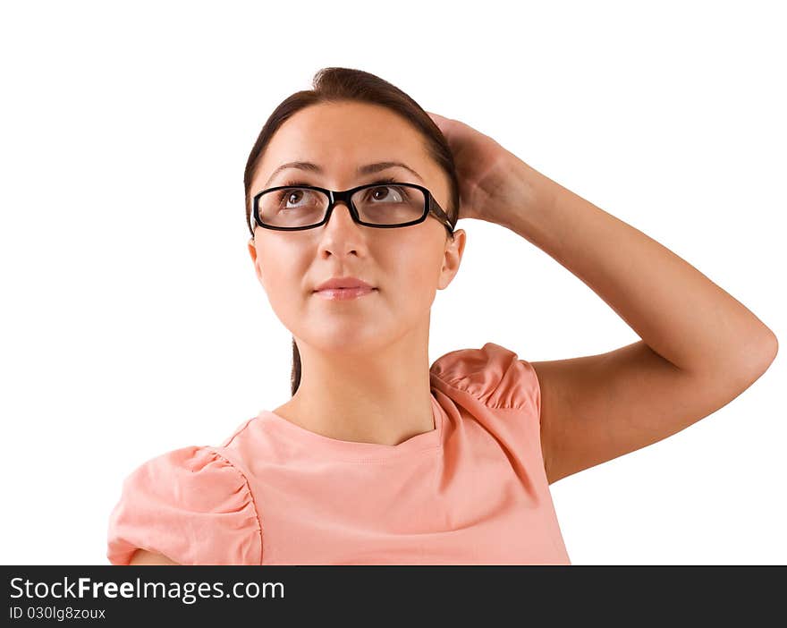 Woman in eyeglasses looking up