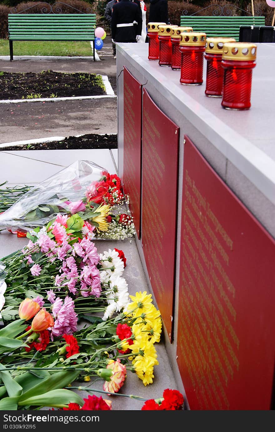 Flowers at a monument to the lost soldiers