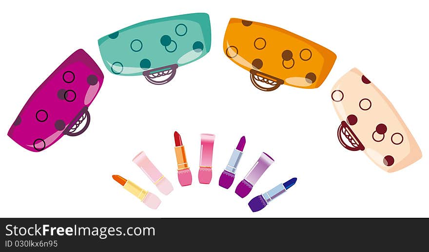 Illustration of colour handbags and lipstick. Illustration of colour handbags and lipstick