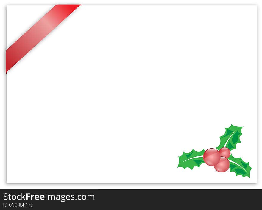 A postcard with ribbon and holly in the angle. A postcard with ribbon and holly in the angle