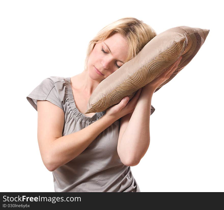 Young blond woman sleeping isolated over white background