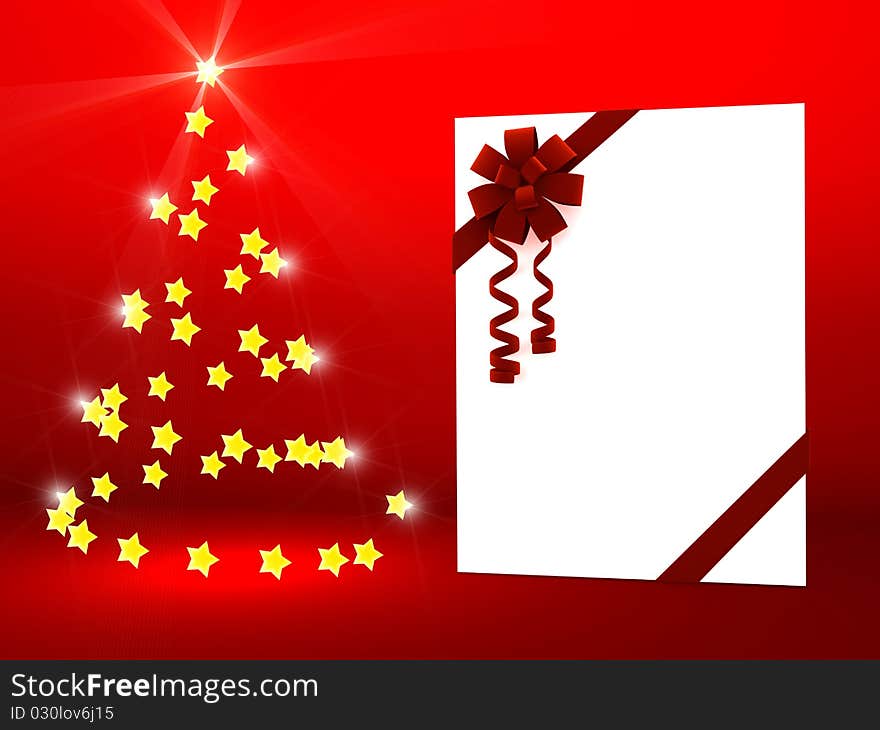 Greeting card with ribbon over red. 3d render