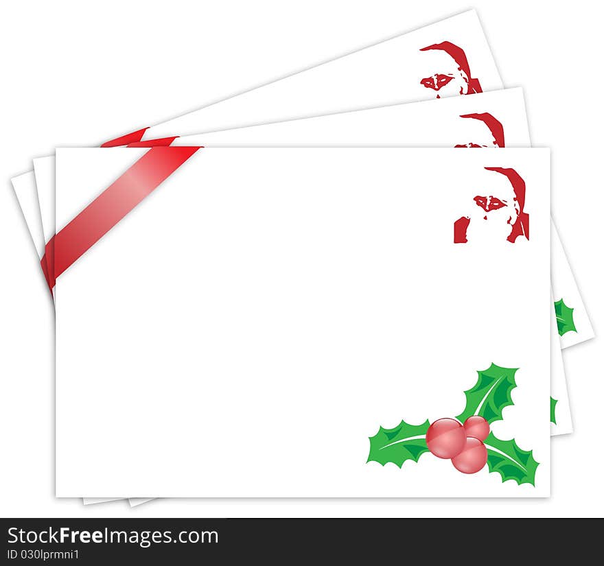 A postcard with ribbon, holly in the angle and stencil in the corner. A postcard with ribbon, holly in the angle and stencil in the corner