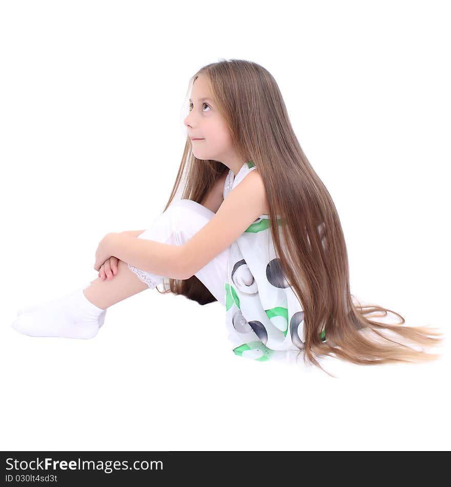 Girl-length dark hair sitting isolated