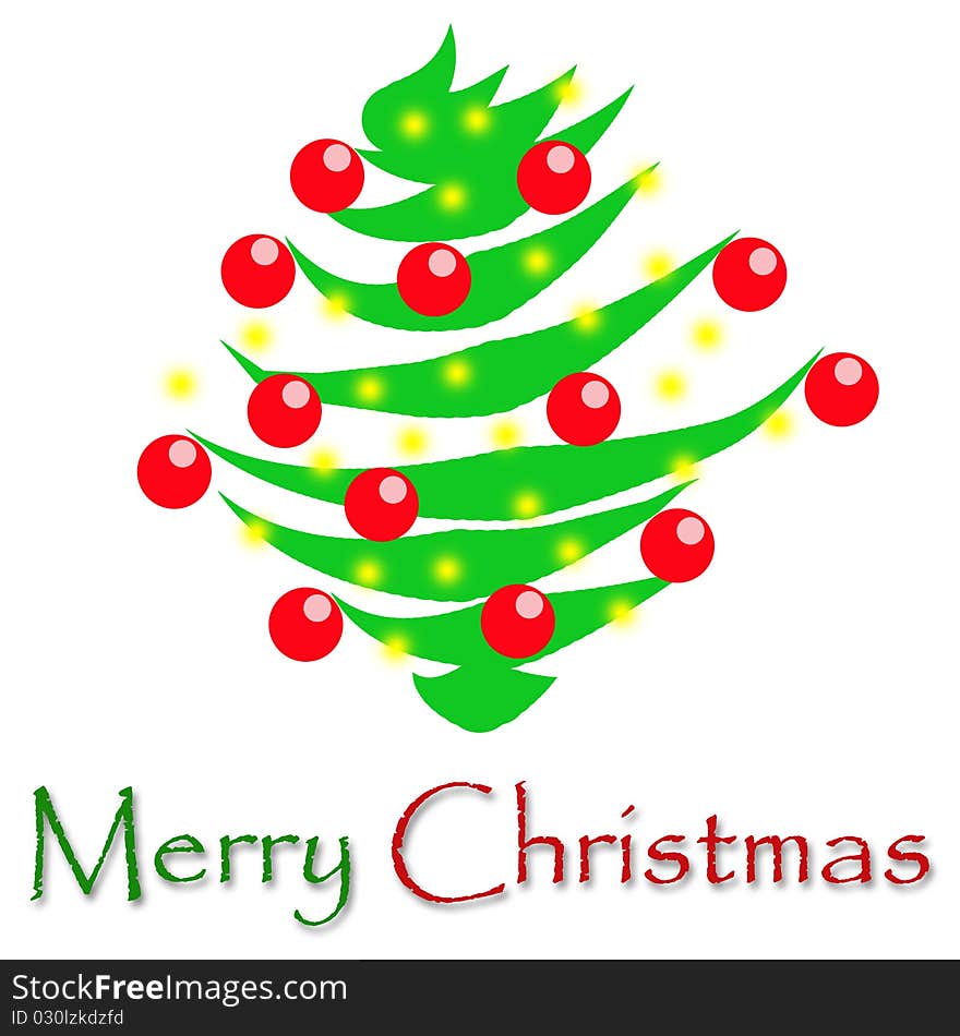 A Merry Christmas card showing a joyful Christmas tree decorated with red balls and yellow lights. Digital drawing. Coloured picture. A Merry Christmas card showing a joyful Christmas tree decorated with red balls and yellow lights. Digital drawing. Coloured picture.