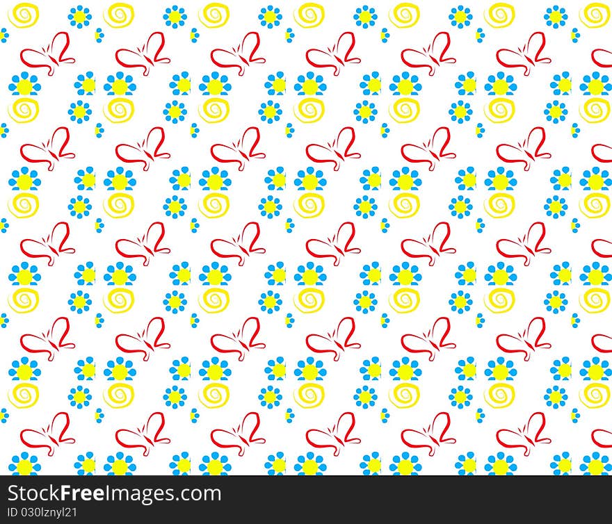 A cute pattern showing a little red butterfly flying to the sun with blue flowers all around on a white background. Digital drawing coloured picture. A cute pattern showing a little red butterfly flying to the sun with blue flowers all around on a white background. Digital drawing coloured picture.