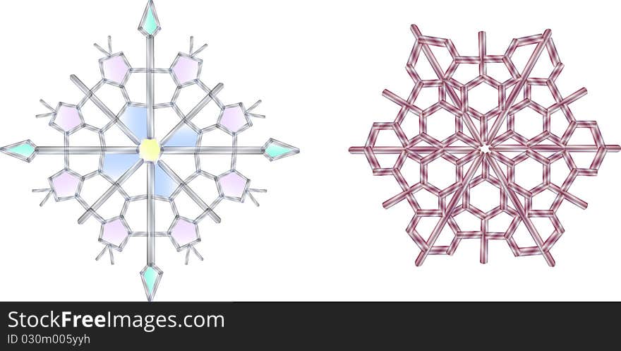 Ice snowflakes of different colors on a white background