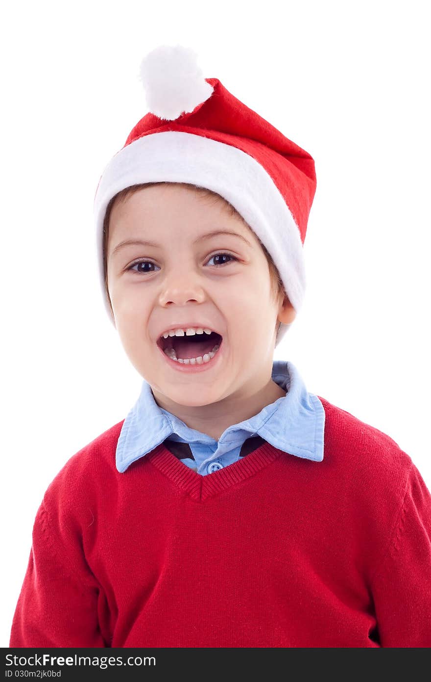 Young boy as Santa Claus laughing, isolated on white background