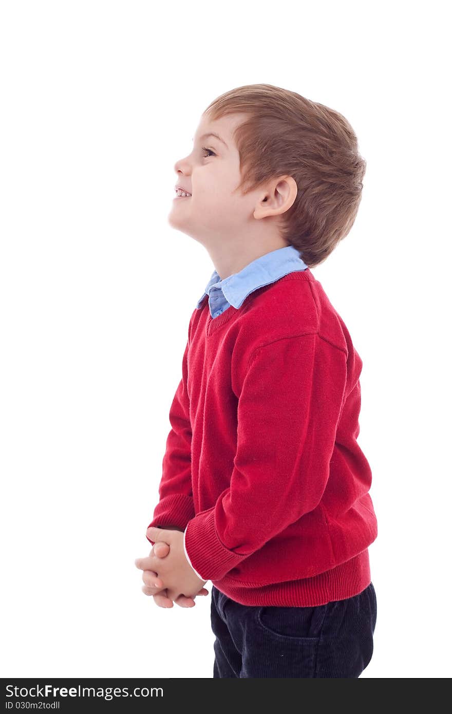 Portrait of happy boy laughing isolated on a white background