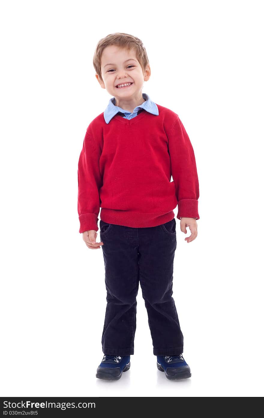 Happy boy laughing on a white background