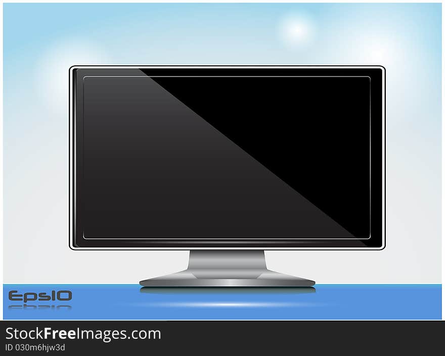 The TV set image on a blue background with a support. The TV set image on a blue background with a support