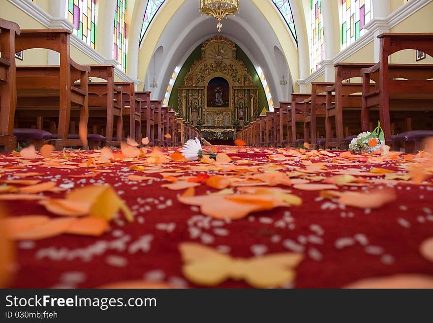 A pedal covered church floor after a wedding. A pedal covered church floor after a wedding