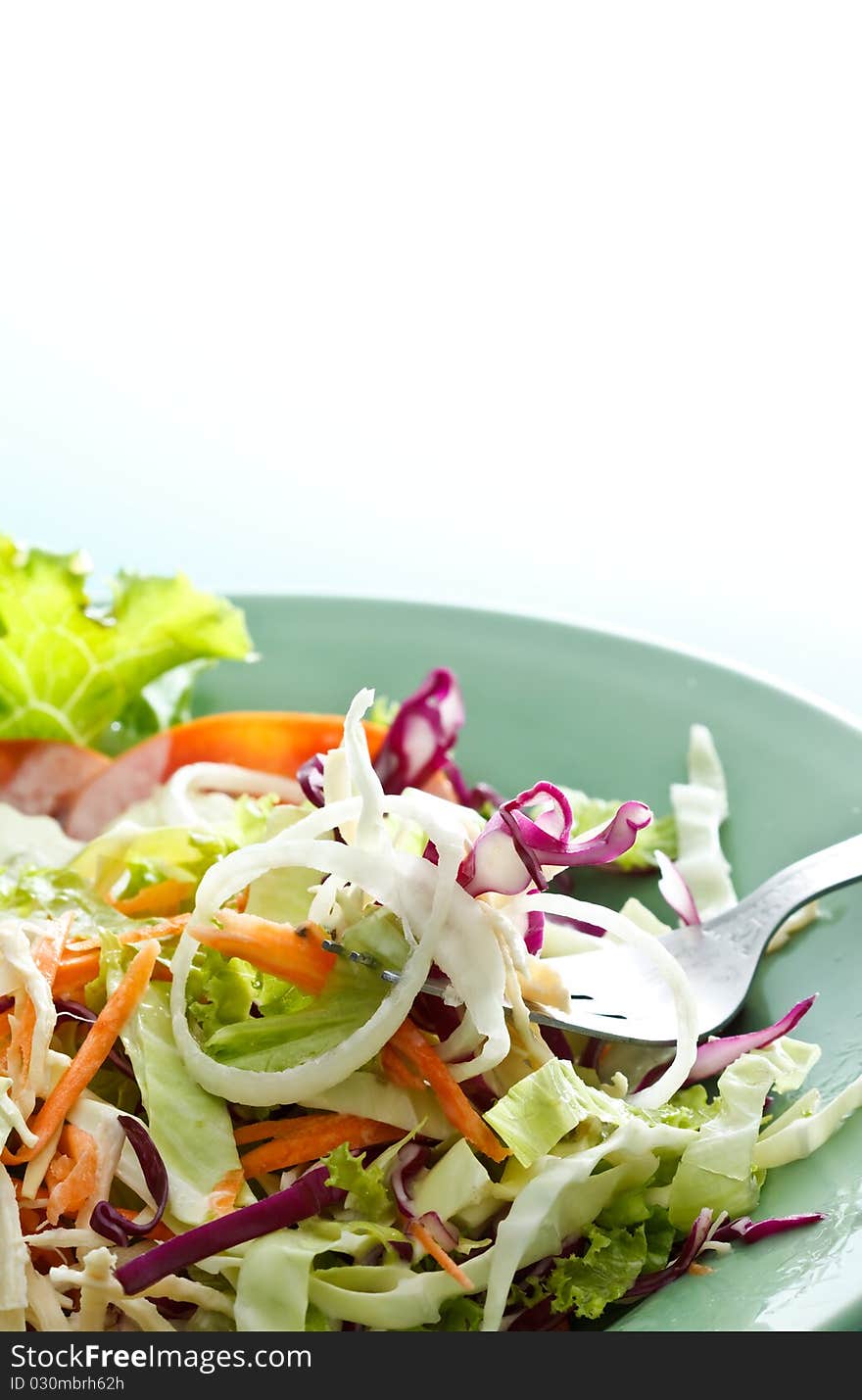 Fork and colorful mixed vegetable salad. Fork and colorful mixed vegetable salad